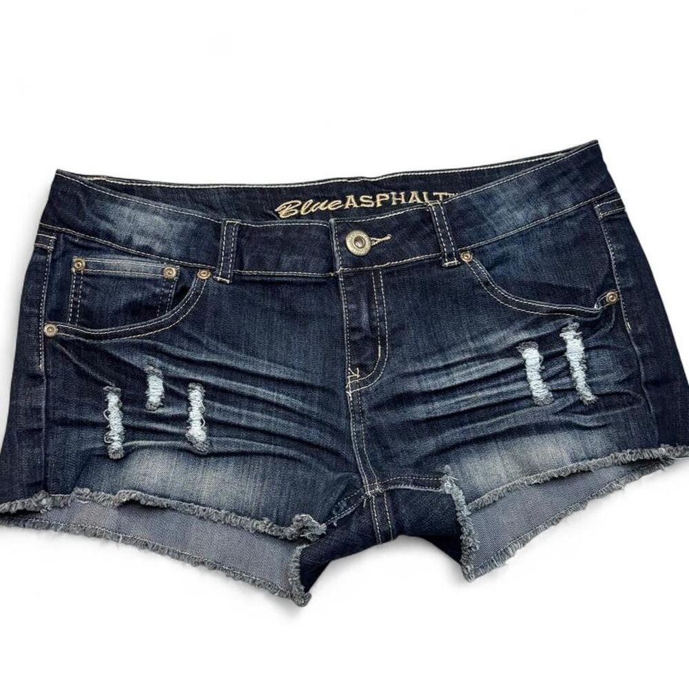 Y2K Denim Micro Shorts Distressed McBling Trashy Chic 9 Low Rise Blue Asphalt
